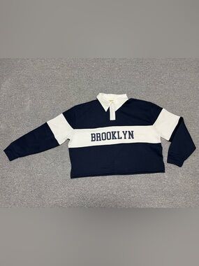 Brooklyn Striped Rugby Polo Crop Sweatshirt - Navy & White